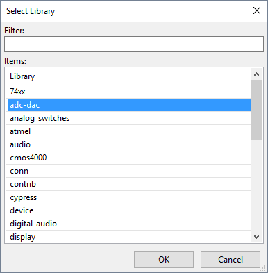 Screenshot of the 'Select Library' dialog, with the 'adc-dac' item highlighted
